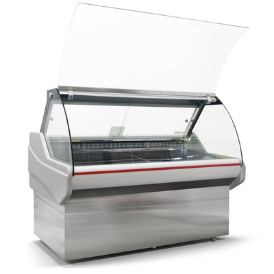 Высококачественный коммерчески Refrigerated шкаф дисплея с подъемом-вверх/фронтом сползать изогнул стеклянные двери для копченого бекона